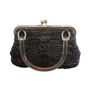 Trina Turk Woven Nylon Raffia Purse Black and Silver With Clear Handle